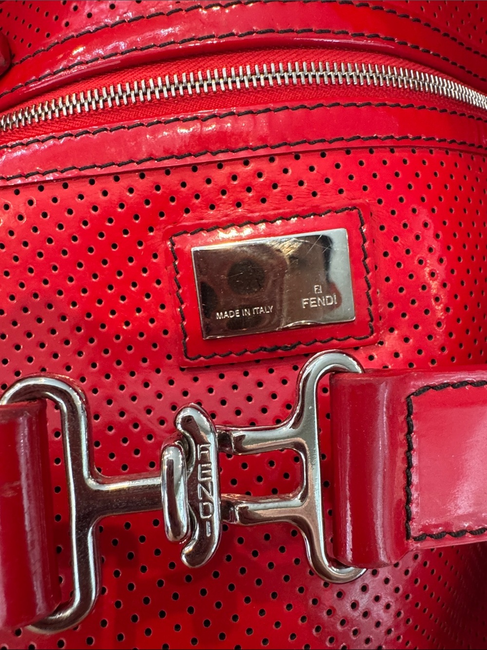 Authentic Fendi Red Patent Satchel with Black Braided Handles - Picture 14 of 17